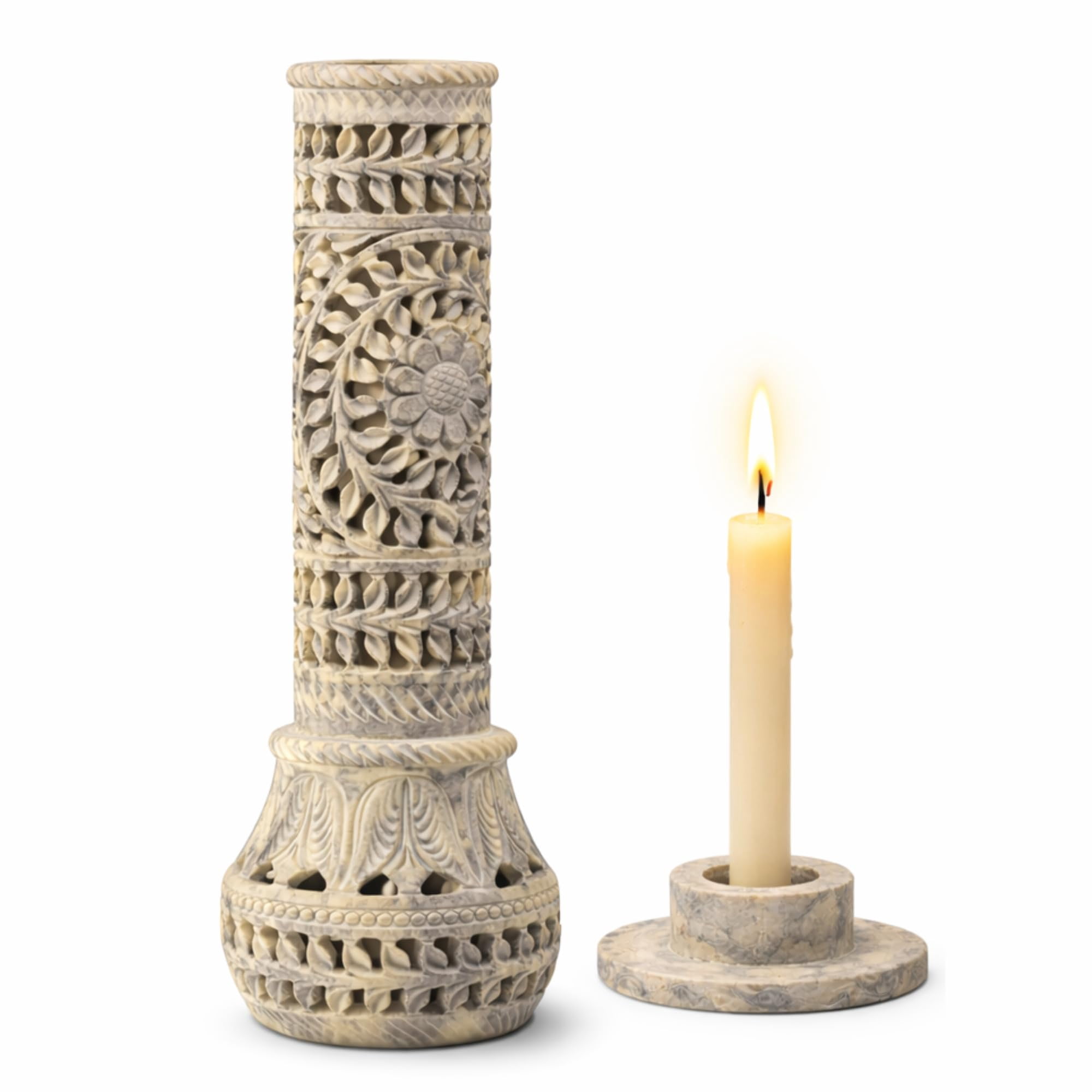 Marble Soapstone Incense Stick Holder | Candle Burner Tea Light Stand - Handmade Bottle Tower. Decorative Floral Carving For Gifting Home And Office Decor (3x3x10.5 Inches)