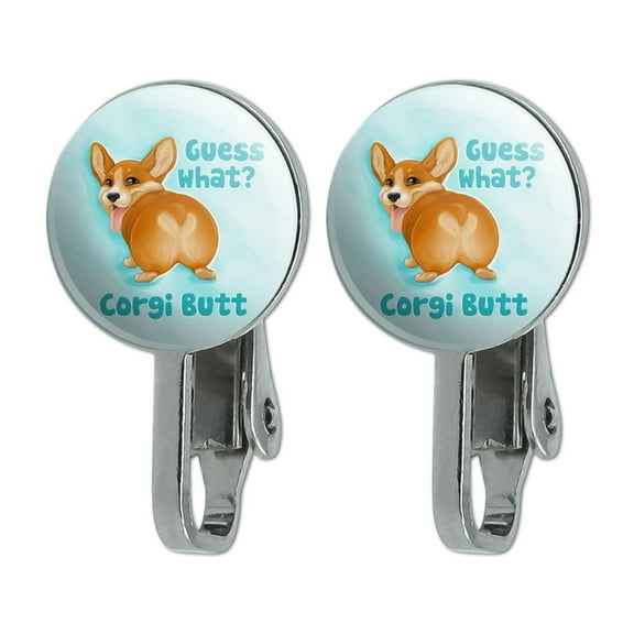 Guess What Corgi Butt Funny Joke Novelty Clip-On Stud Earrings