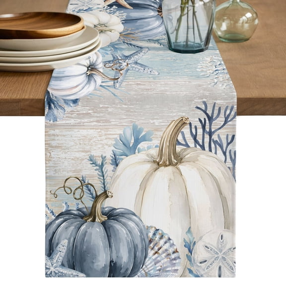 Table Runners 70 Inches Long Dress Scarves, Coastal Fall Farmhouse Coffee/Dining/Kitchen Table Decor, Holiday Table Runner, Thanksgiving Blue Pumpkins Coral Brown Wooden 13x70 Inch