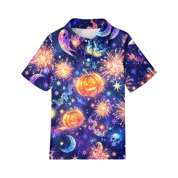 Grblisyd Kids Girls Boys Halloween Polo Shirts Short Sleeve Button Closure School Uniform Shirt Comfy Soft Casual Summer Tops