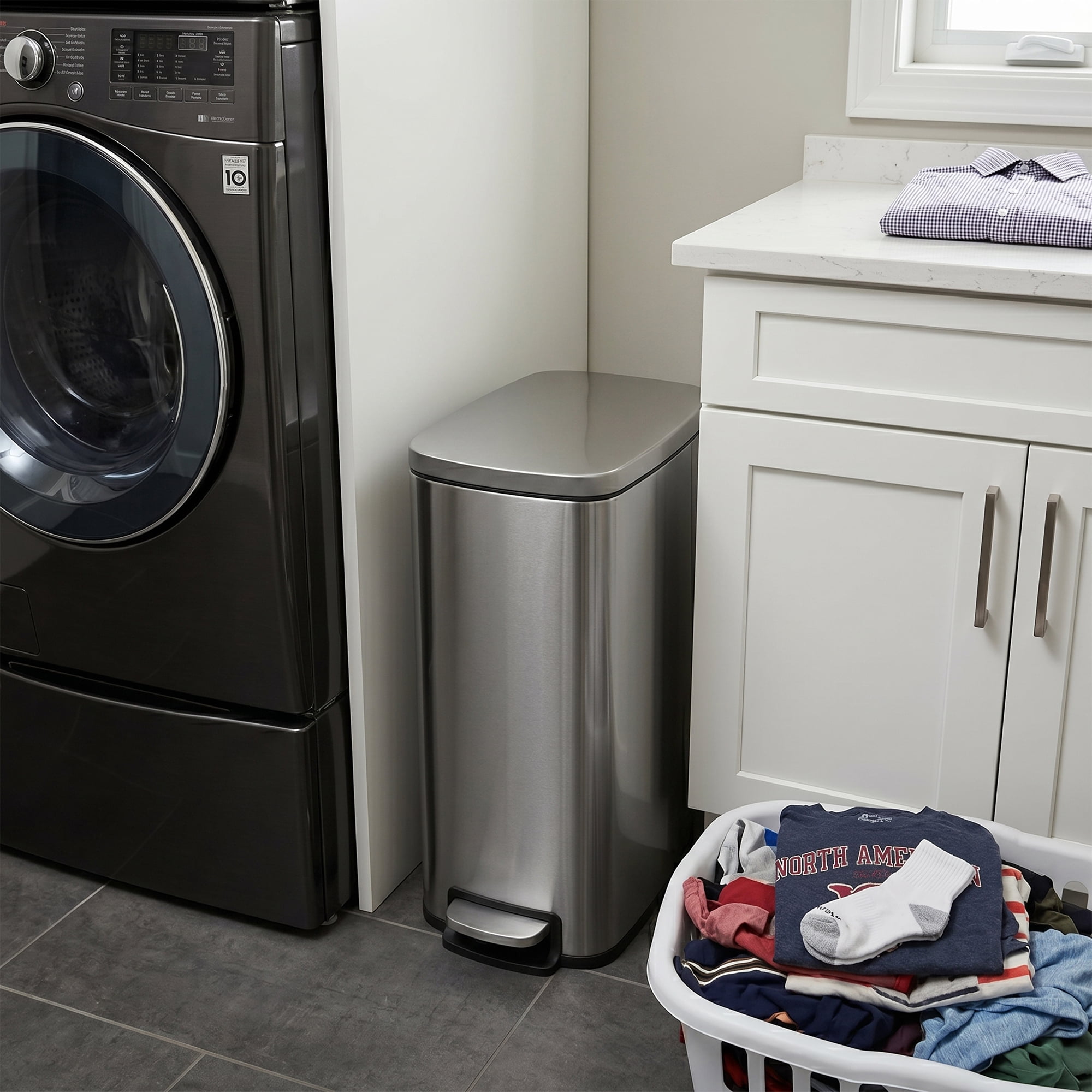 Innovaze 13 Gallon/50 Liter Slim Stainless Steel Step-on Trash Can for Kitchen Laundry Room, Silver