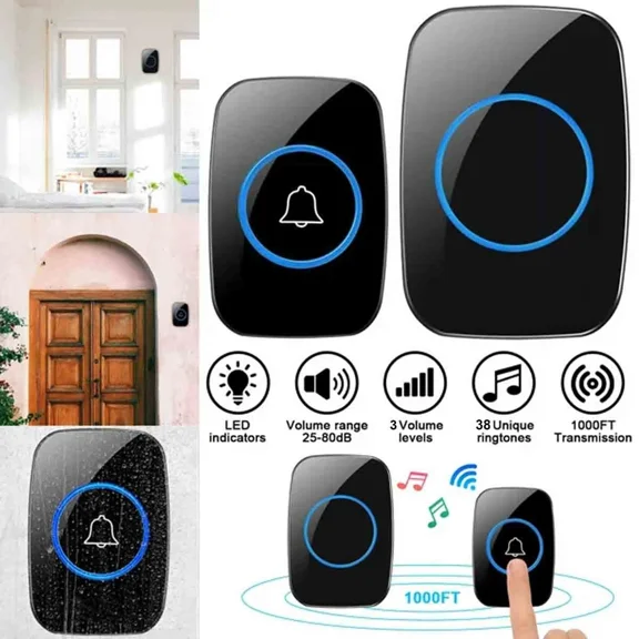 Home Wireless Doorbell 1 Push Button Transmitter & 1 Receiver, Adjustable Volume