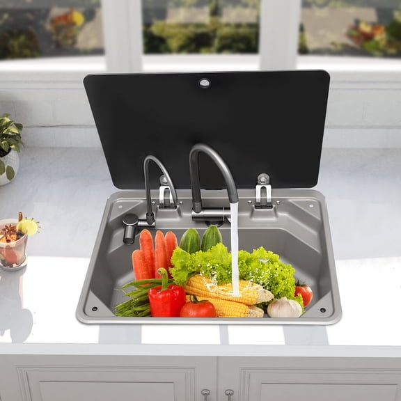 RV Sink W/ Folded Faucet&Tempered Glass Lid Stainless Steel Hand Wash Basin Sink
