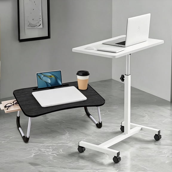 2Pc Set 23.6in Foldable Lap Desk and Adjustable Height End Table,Portable Wood Overbed Bedside Table with Wheels, Workspace Organizer Bed Tray with Slots
