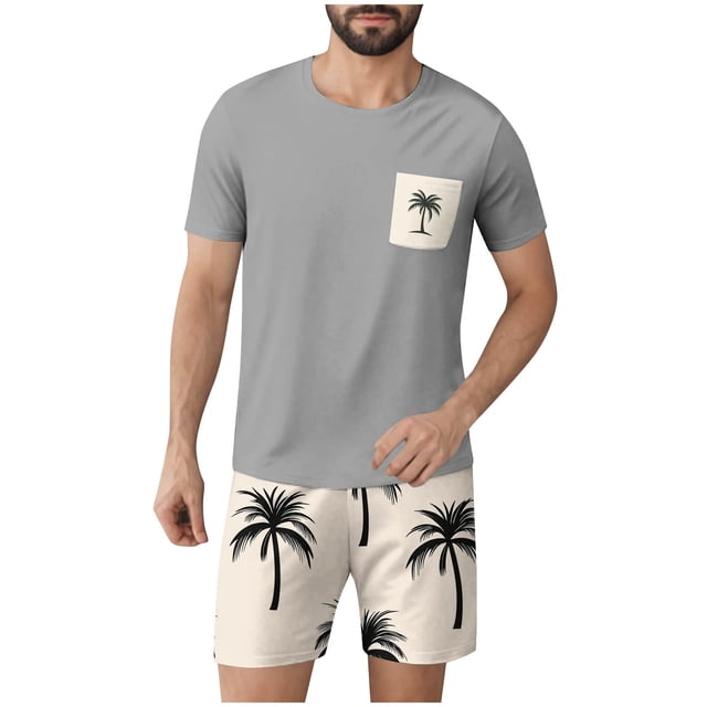 Ensembles de Pyjamas 2 Pcs pour Hommes Ultra Doux Texturés Costumes Athlétiques Extensibles Col Rond Manches Courtes Chemises Athlétiques Extensibles Séchage Rapide Vêtements de Détente Shorts Ensembles d'Été Hommes 2 Pcs Chemise de Nuit