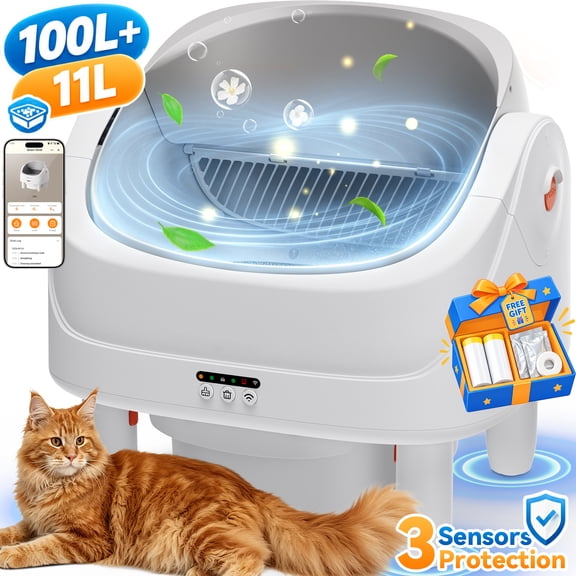111L Automatic Cat Litter Box with Self Cleaning System, Smart Self Cleaning Cat Litter Box with APP Control, 15 Days Waste Storage, Safety Sensors, Open Top Automatic Litter Box for Multi Cat Home