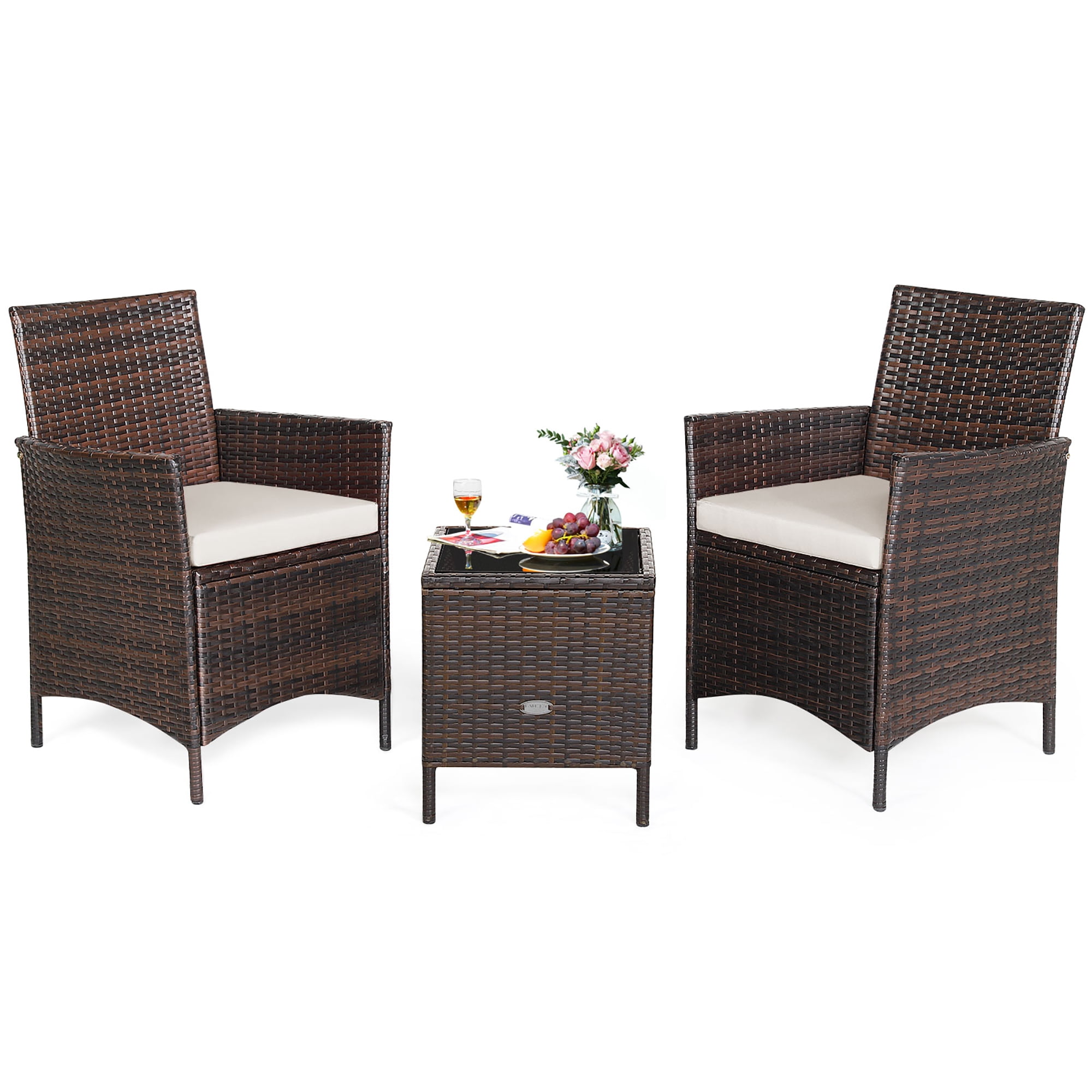 Costway 3PCS Patio Rattan Furniture Set Cushioned Sofa Glass Tabletop