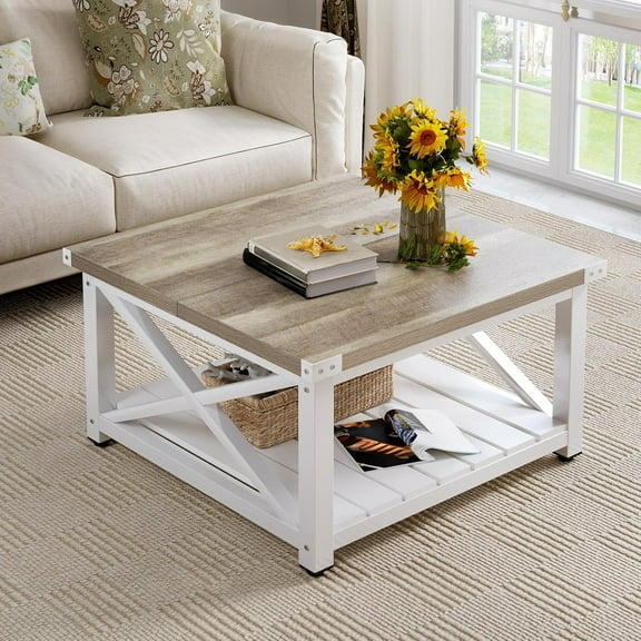 Farmhouse Coffee Table, Square Coffee Tables for Living Room, Vintage Living Room Table with Shelf, Coffee Table with Storage, Grey Wash