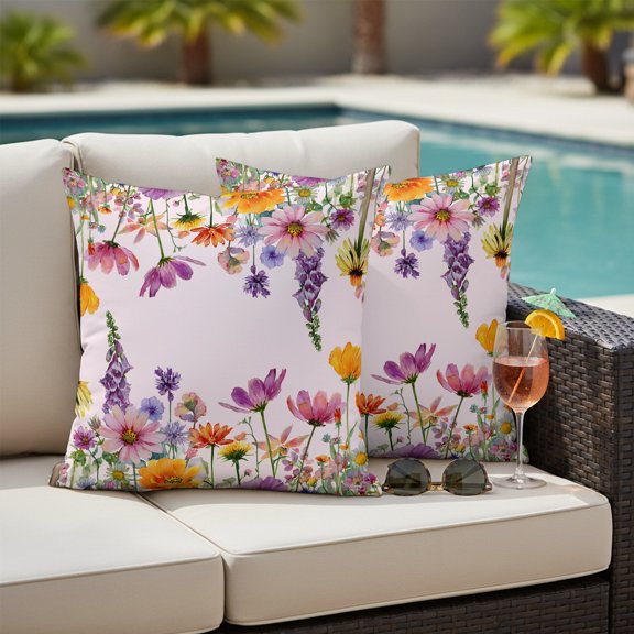 Spring Floral Outdoor Waterproof Throw Pillow Covers Set of 2, 20"x20", Romantic Colorful Flower Watercolor Country Leaf Vintage Decorative Pillow Covers Outside Cushion Case for Patio Porch Garden