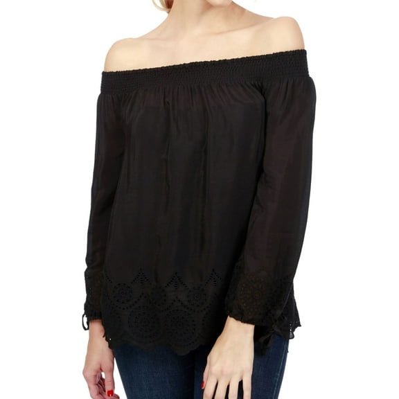 Lucky Brand Womens Eyelet Pullover Blouse, Black, X-Small