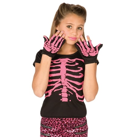 Pink Skeleton Shirt and Gloves 2pc Girl Costume, Black Pink, One