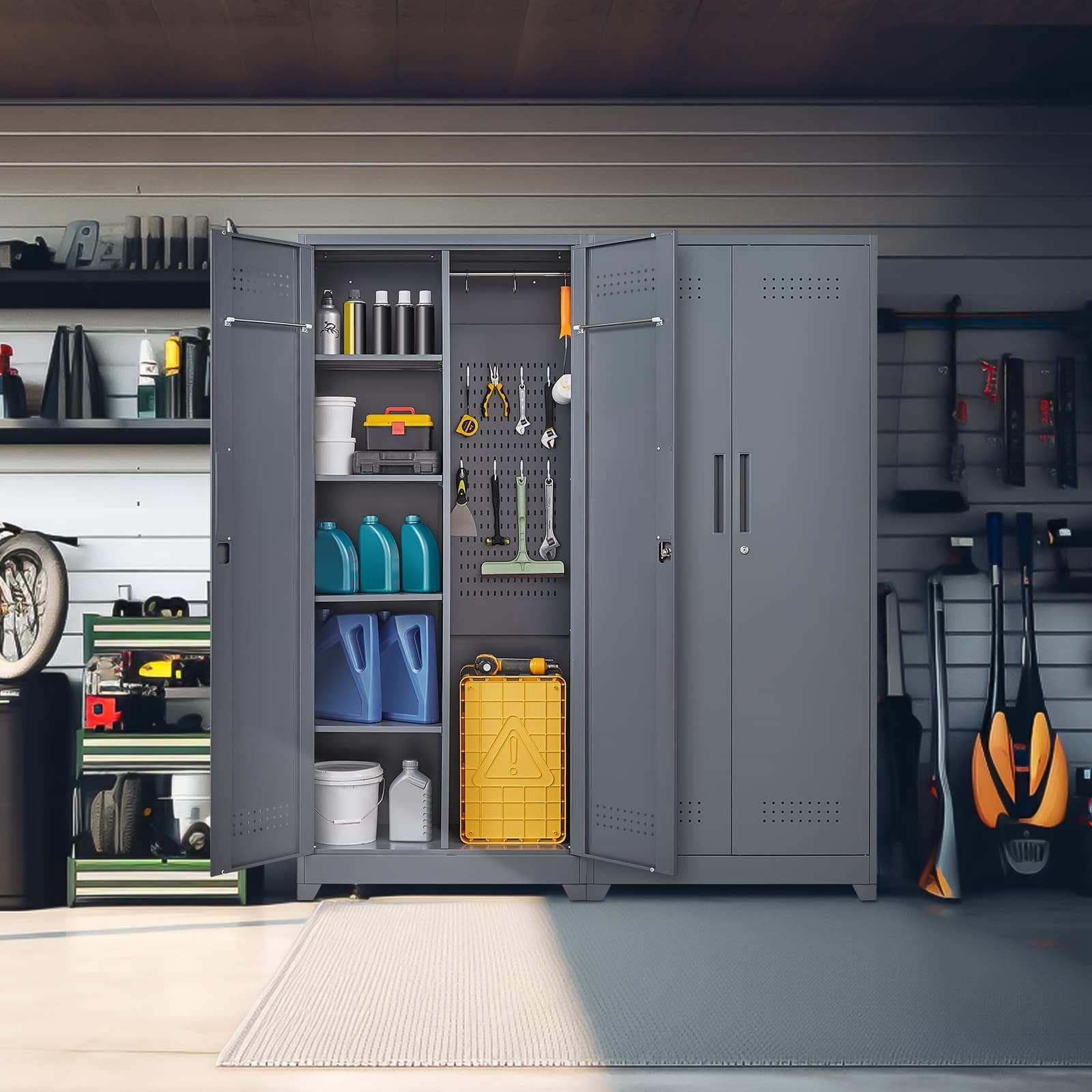 Aukfa 72" Metal Garage Storage Cabinets, Lockable Broom Closet Storage Cabinet with Shelves for Basement/Office/Laundry Room, Gray