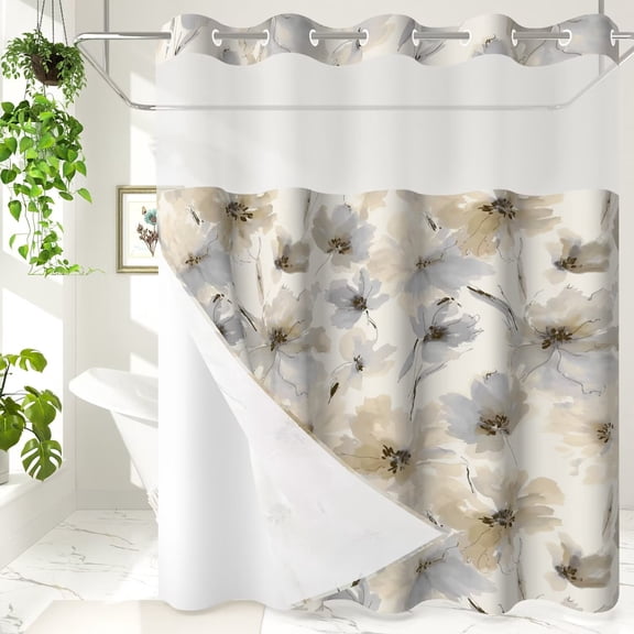Lfeey Floral No Hook Double Layer Shower Curtain, Watercolor Pattern in Beige Grey, Waterproof, 71x71inch