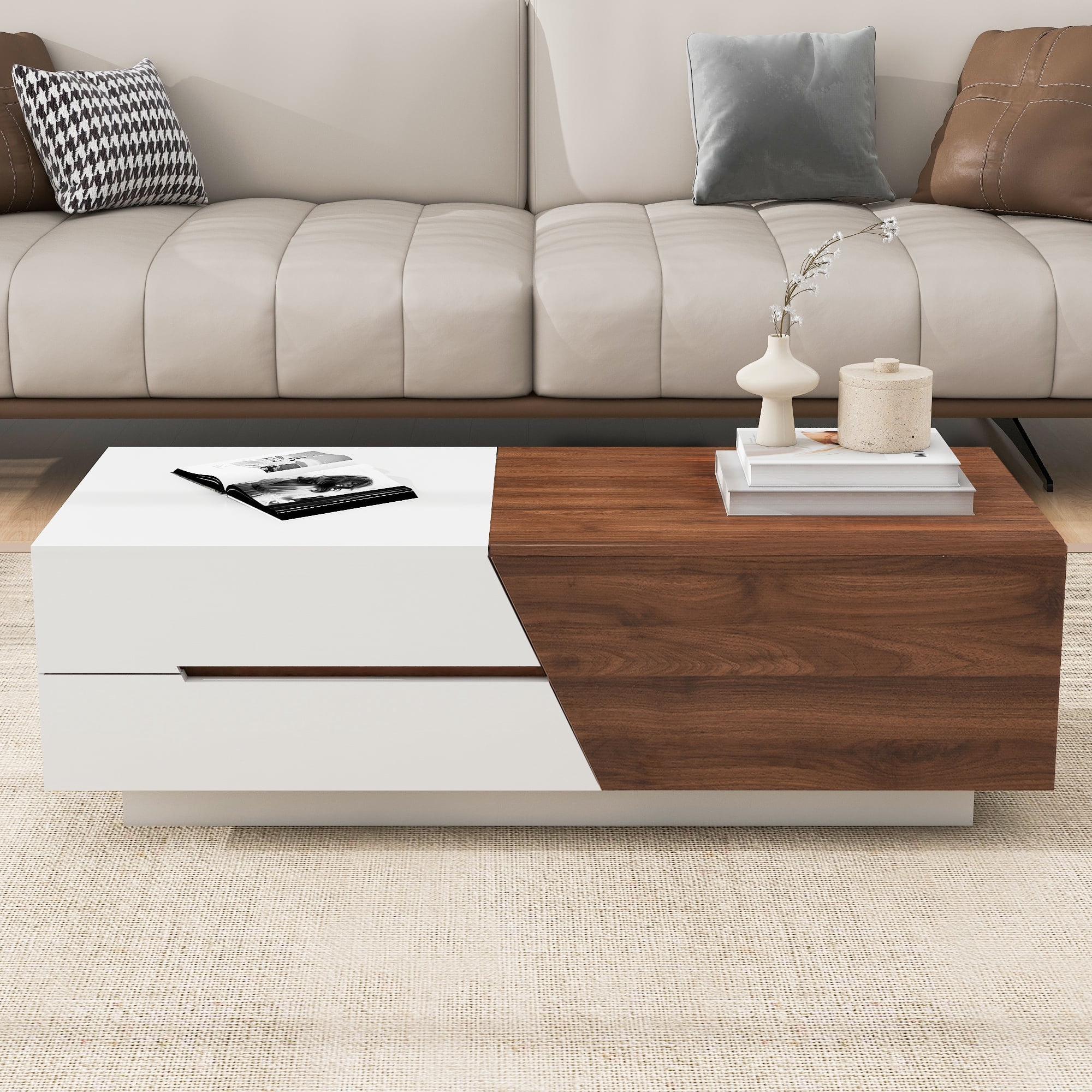 Euroco Modern Coffee Table with Extendable Sliding Top, Hidden Storage, Dual-Tone White and Walnut Finish, MDF Construction for Living Room