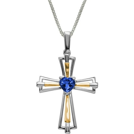 Duet Created Sapphire Sterling Silver and 14kt Yellow Gold Cross Pendant, 18