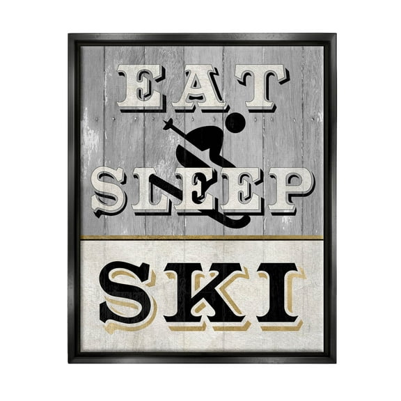 Stupell Industries Eat Sleep Ski Rustic Sign Graphic Art Jet Black Floating Framed Canvas Print Wall Art, Design by Livi Finn