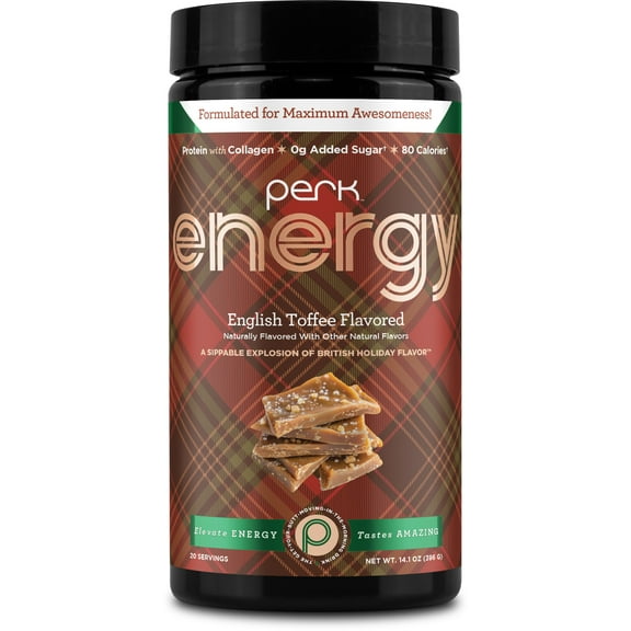Perk Energy Original Drink Mix (English Toffee) Holiday Edition - 100mg of Caffeine, Protein with Collagen, 0g of Added Sugar, 80 Calories, Gluten-Free, Peanut-Free, Soy-Free, 20 Servings