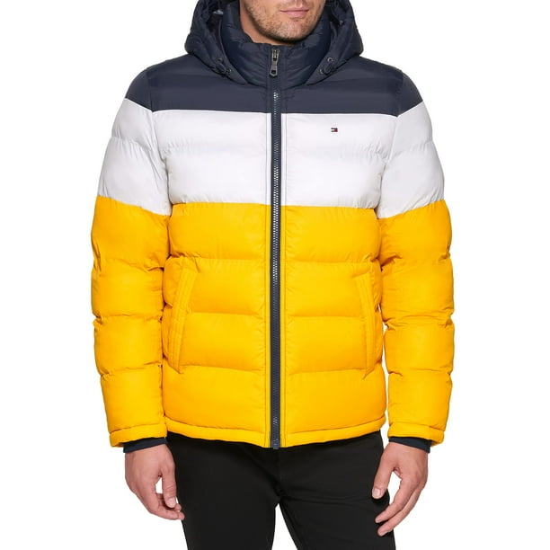 Chaqueta Tommy Hilfiger para hombre, con capucha, acolchada, medianoche, hielo y amarillo