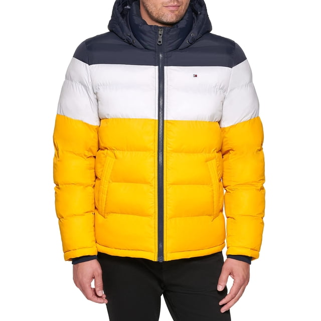Chaqueta acolchada Tommy Hilfiger para hombre, talla XL, medianoche, hielo y amarillo
