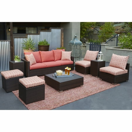 Handy Seat - Handy Living Aldrich Brown 8-piece Rattan Indoor/Outdoor Seating Grouping with Terracotta Geometric Cushions