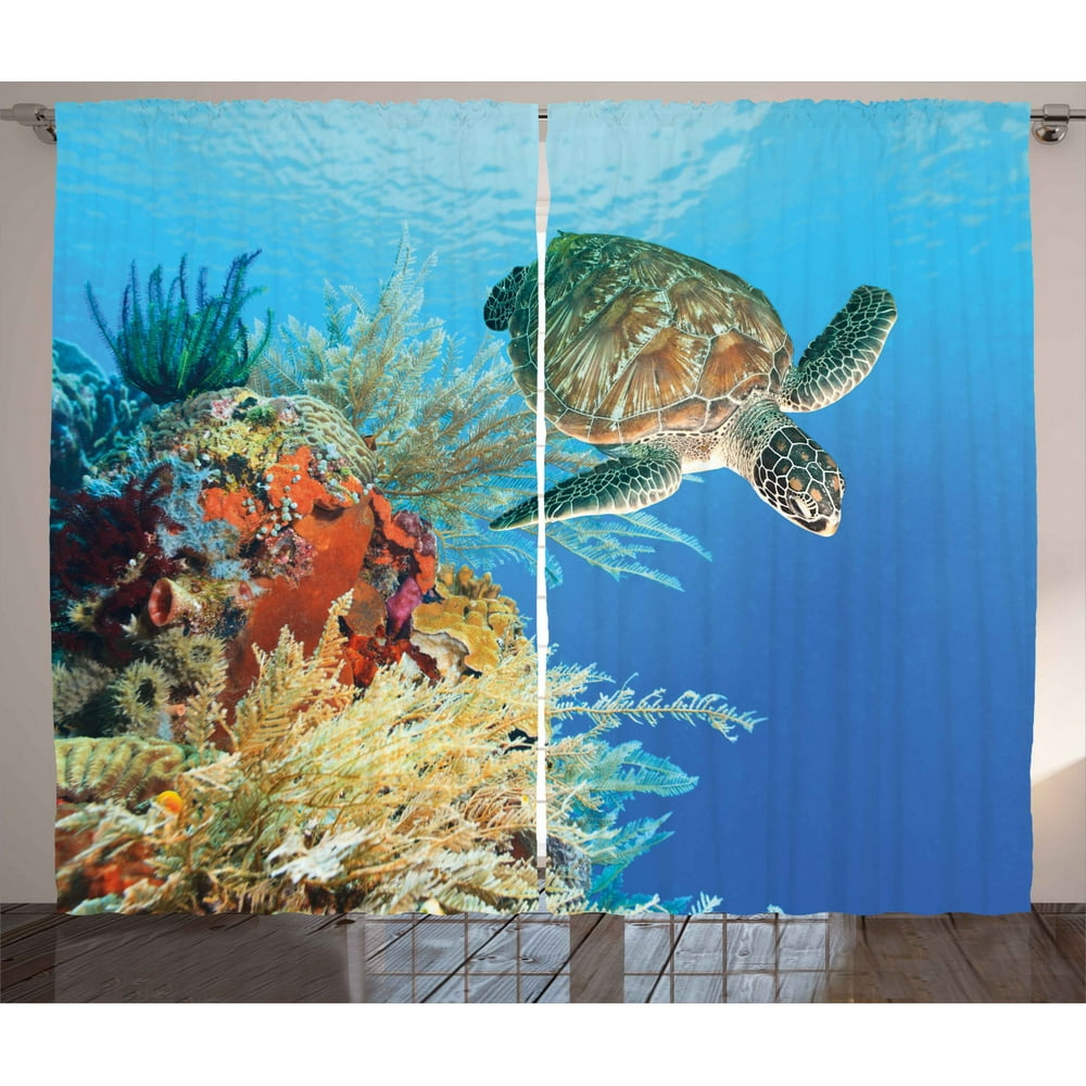 Turtle Curtains 2 Panels Set, Colorful Underwater with Turtle Swimming