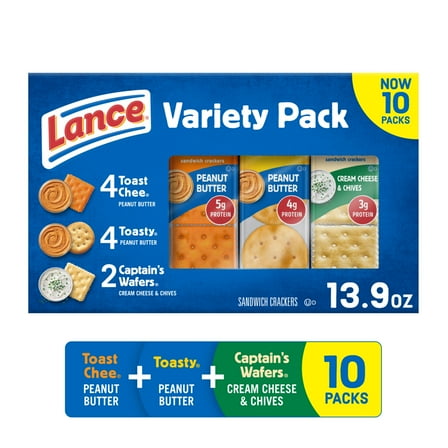 Lance Sandwich Crackers, Variety Pack, 3 Flavors, 10 Individually Wrapped Packs, 6 Sandwiches Each