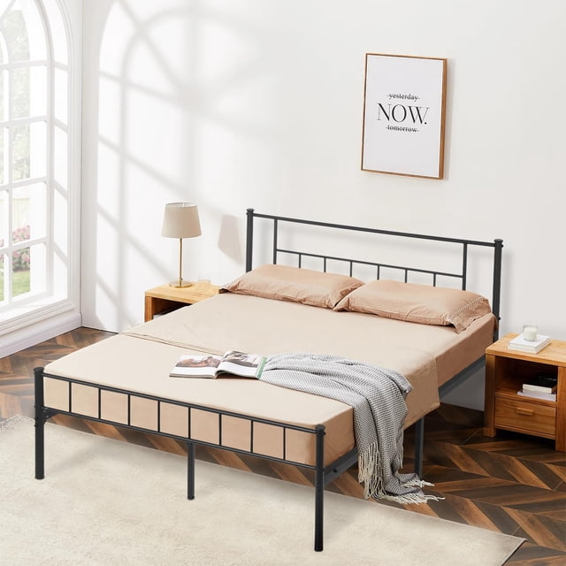 PayLessHere 14 Inch High Metal Platform Bed Frame, Headboard Maximum Storage Space Under the Heavy Duty No Box Spring Needed Noise-Free Easy, Black
