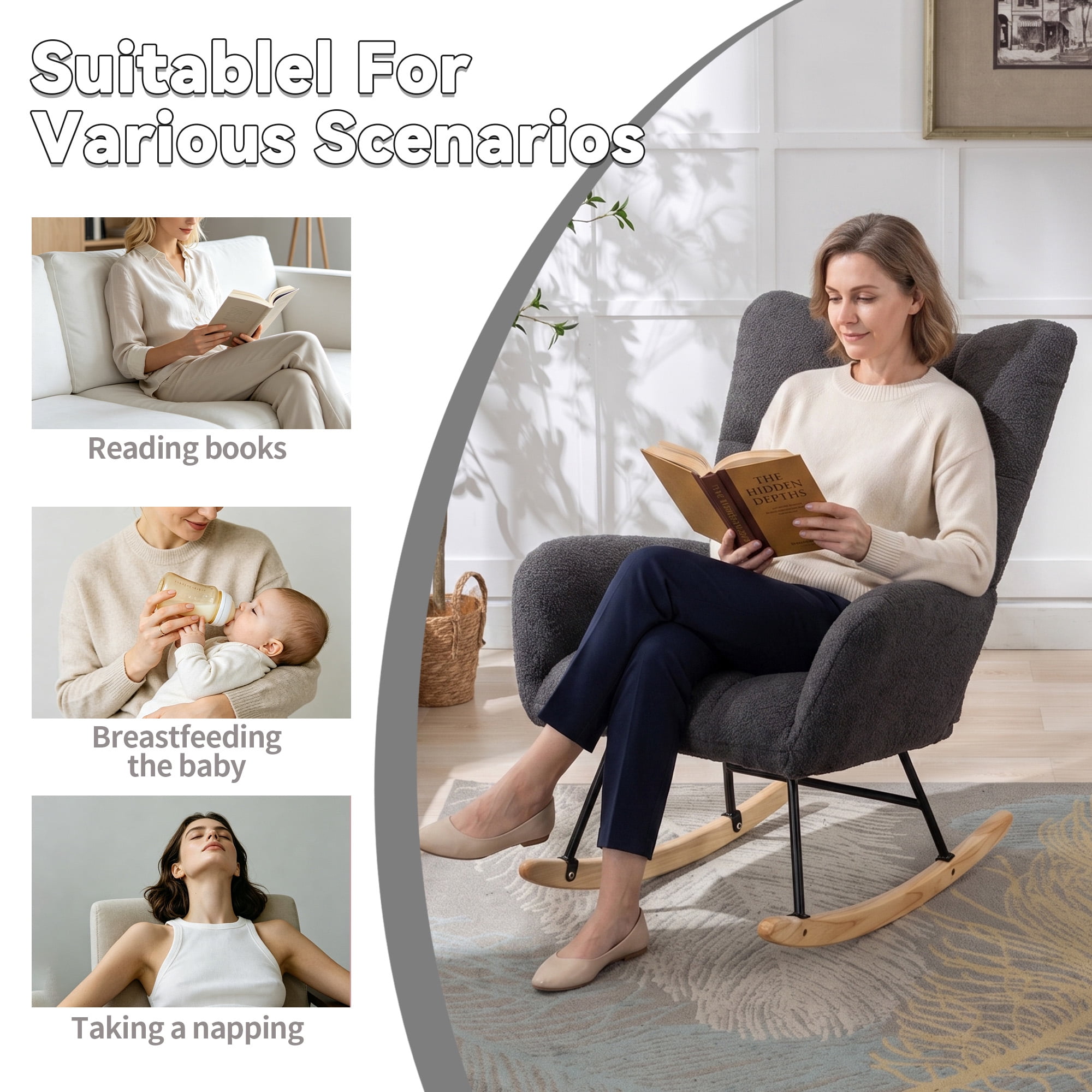 Teddy Fabric Wingback Glider Rocker with Side Storage Pocket, Soft Comfy Nursing Rocking Chair, Sturdy Safe Solid Wood Base, Multiuse Accent Chair for Nursery & Living Room,Grey
