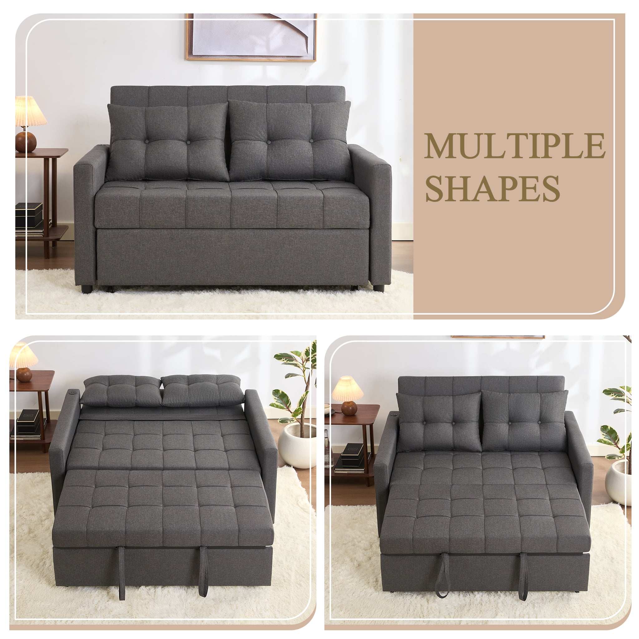LAKPS 52" Linen 3-in-1 Convertible Sleeper Sofa with Pull-Out Bed, Stepless Adjustable Backrest & Side Pocket - for Family, Living Room, Dorm, Apartment, Linen, Dark Grey