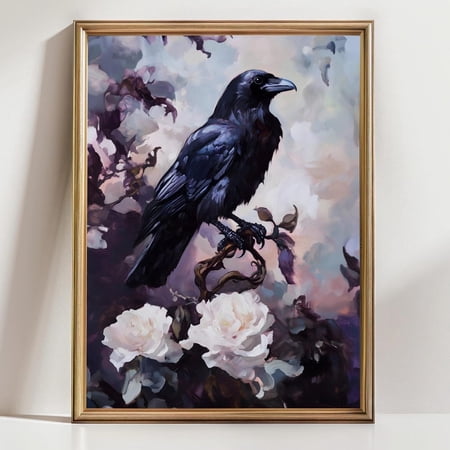 Raven And Roses Wall Art Gothic Crow Print Dark Floral Bird Painting Moody Raven Artwork Witc.Hcore Decor Art