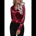 thumbnail image 2 of Blusas de Satén para Mujer, Informales, de Larga, con Botones, Elegantes, para Trabajo y Negocios Vino Tinto L, 2 of 9