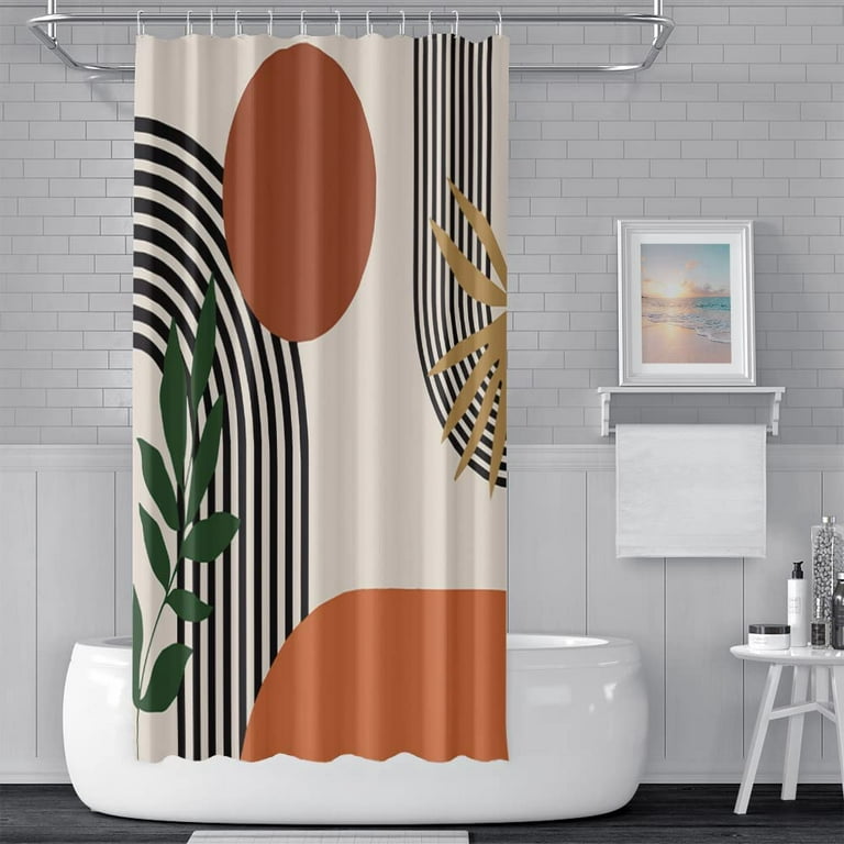 Mid Century Modern Geometric Orange Shower Curtain - 72x72 Inches, Polyester Fabric, Water Repellent, Includes 12 Hooks