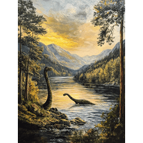 Loch Ness Monster Sunset Landscape Canvas Print/Wall Art， Suitable for Living Room， Bedroom， Office， Bathroom， and Dining Room Decoration.