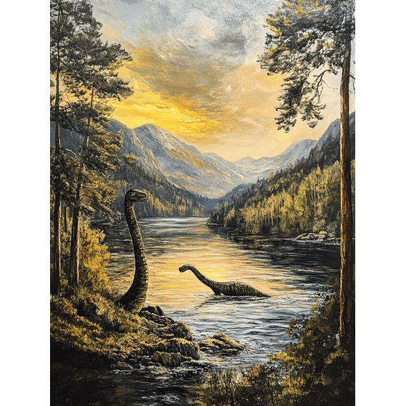Loch Ness Monster Sunset Landscape Canvas Print/Wall Art， Suitable for Living Room， Bedroom， Office， Bathroom， and Dining Room Decoration.