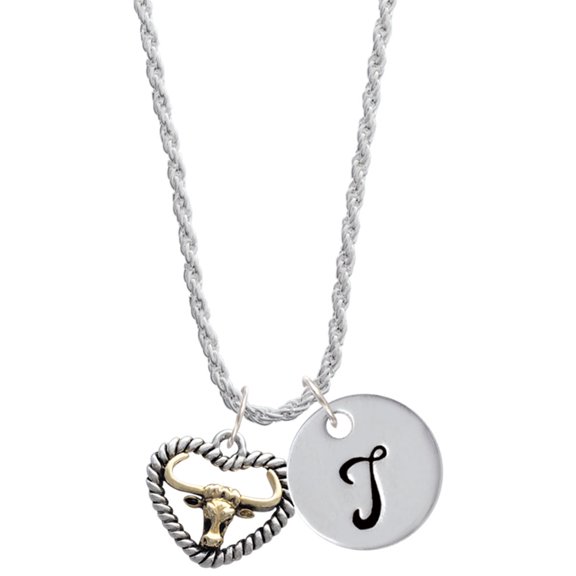 Delight Jewelry Goldtone Longhorn in Rope Heart Silvertone Script Initial Disc - T - Charm Necklace, 20" 3"