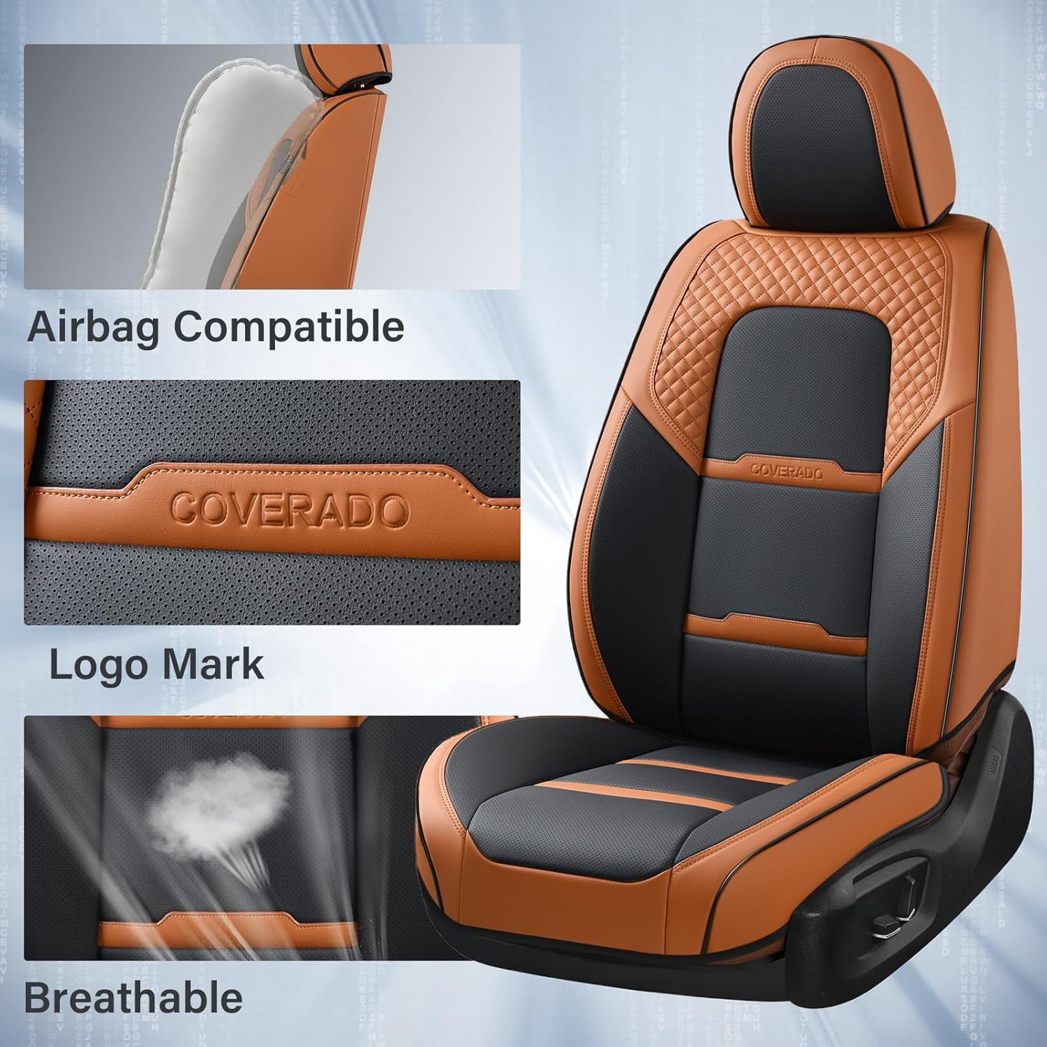 Coverado Car Seat Covers Full Set, Breathable Faux Leather Seat Protectors, Comfortable&Durable, Auto Cushion Universal Fit for Most Cars, Black&Brown