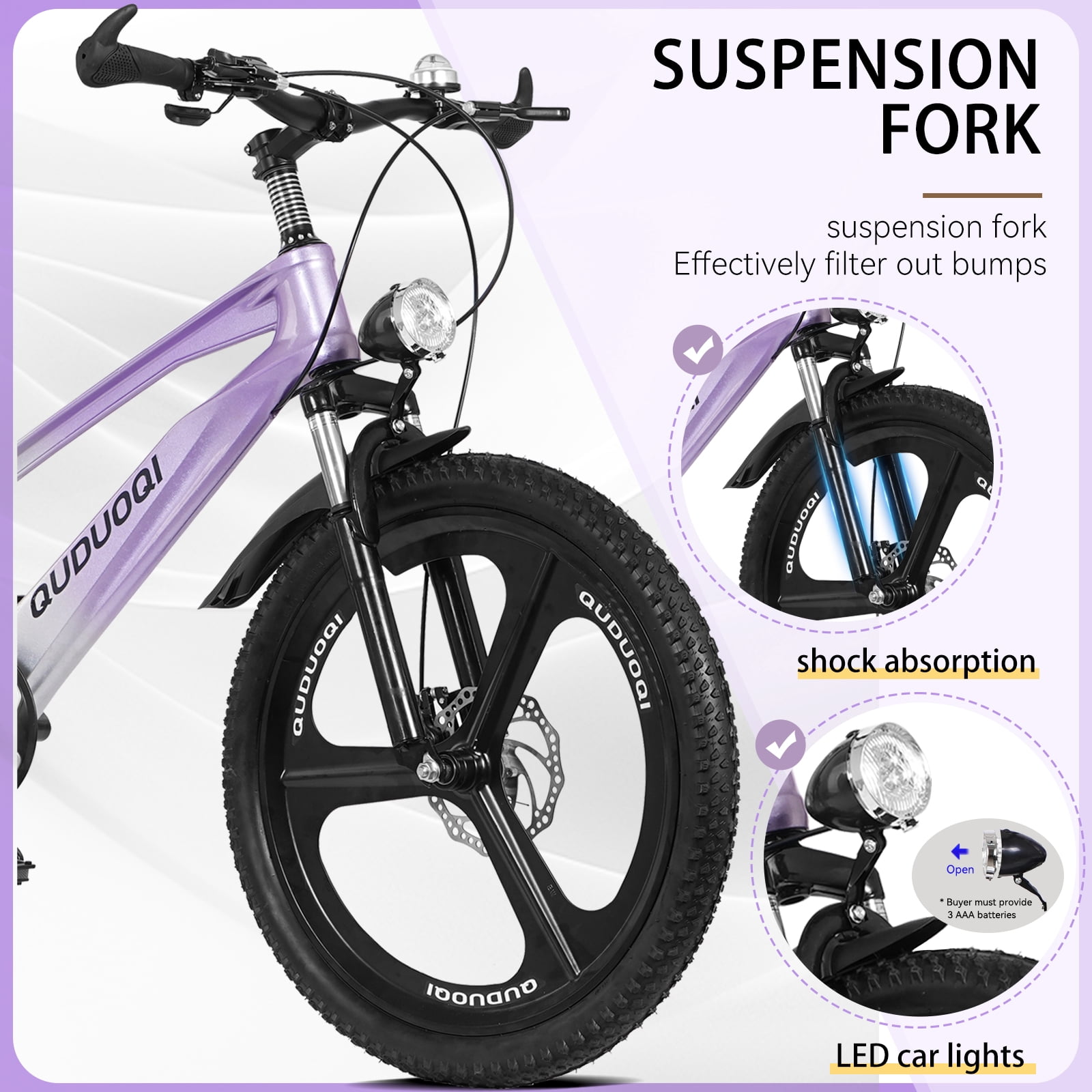 Baprem 20" Mountain Bike for Kids Boys Girls Ages 8-12 Years, 7 Speed Disc Brake Kids Bike Bicycle, Magnesium Alloy Frame MTB with Front Suspension & Headlight, Purple