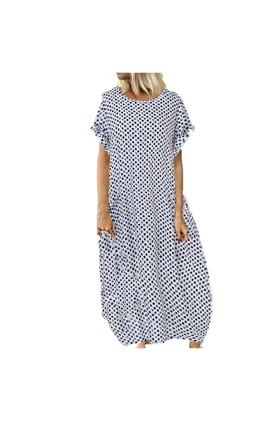 Women Plus Size Pockets O-Neck Polka Dot Printing Short Sleeve Casual Long Dress Black XXXXL
