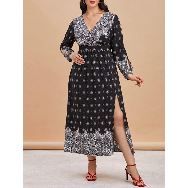 Vestido Talla Extra Plisado Manga Abombada y Estampado Rosegal Vestidos largos de talla grande