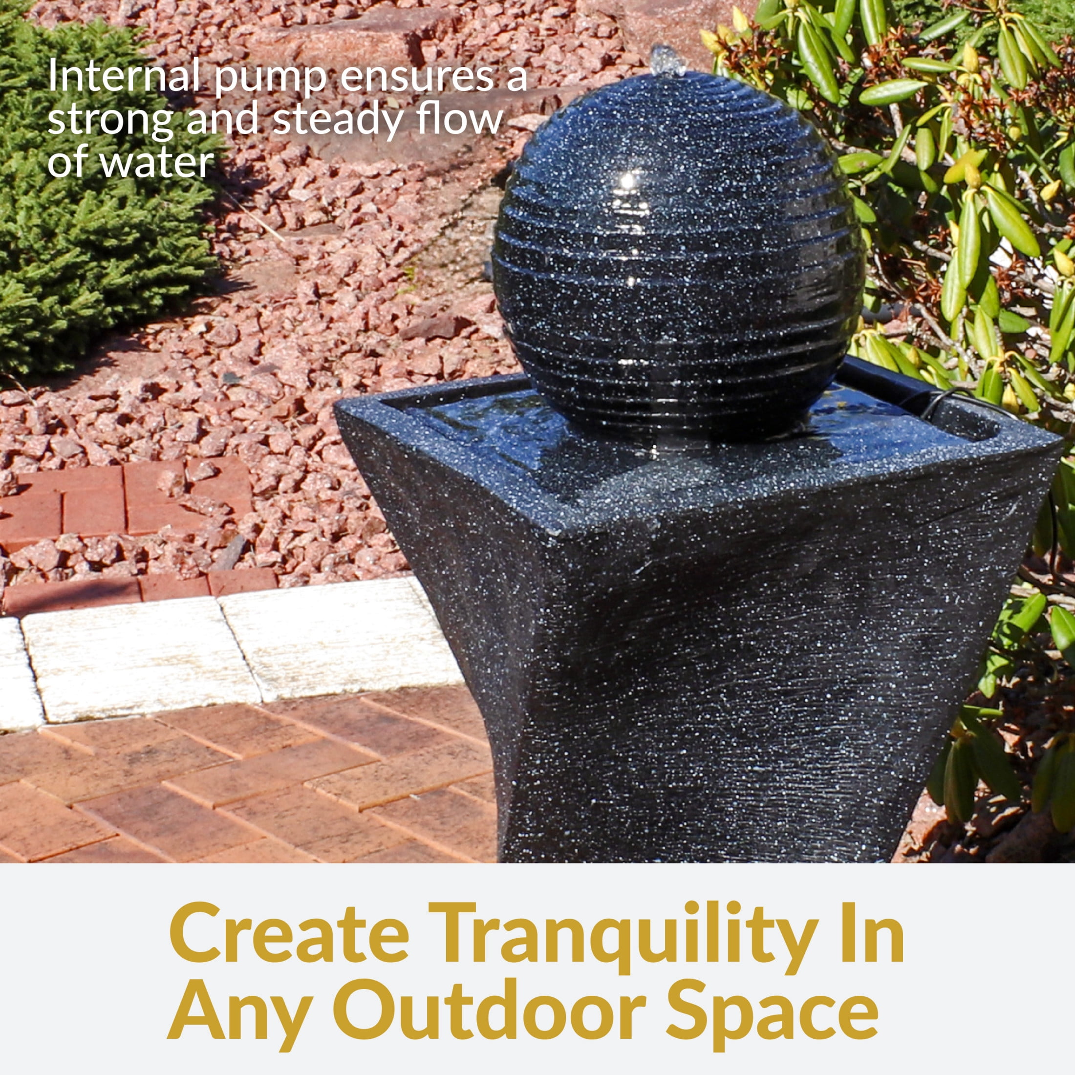 Sunnydaze Ball Modern Black Polyresin Outdoor Solar Fountain with Battery and LED Light
