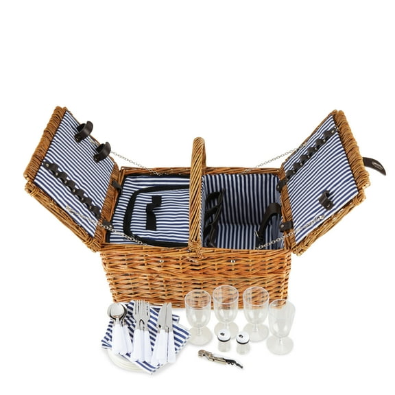 Twine Cape Cod Picnic Wicker Basket with Wine Glasses, Corkscrew & Place Setting