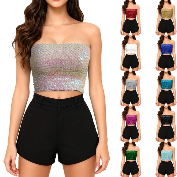 Laqbezok Women's Sexy Sequin Tube Top, Strapless Sparkly Crop Bandeau, Shiny Party Night Out Outfit
