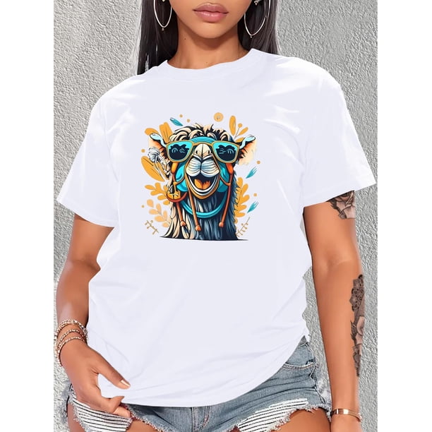 Camiseta deportiva de cuello redondo con estampado de camello, top informal de manga corta para correr, ropa deportiva para mujer, camiseta deportiva de ocio