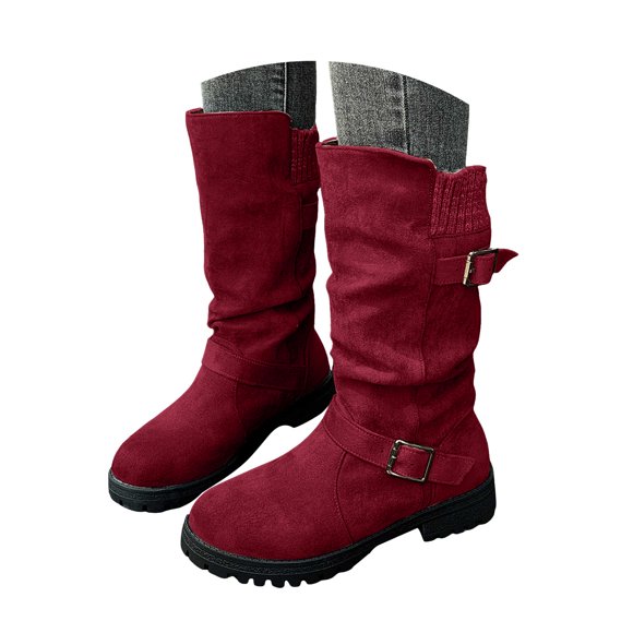 Mepaouo Women's Mid Calf Boots Low Heel Buckle Western Riding Boot Motorcycle Biker Dress Booties
