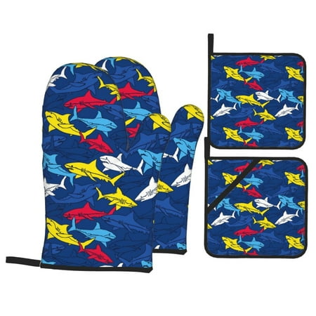 

Oven Mitts and Pot Holders Sets 4 pcs - Cartoon Shark Heat Resistant Silicone Oven Gloves with Non-Slip Silicone Surface and hot pads for kitchen Baking Cooking BBQ