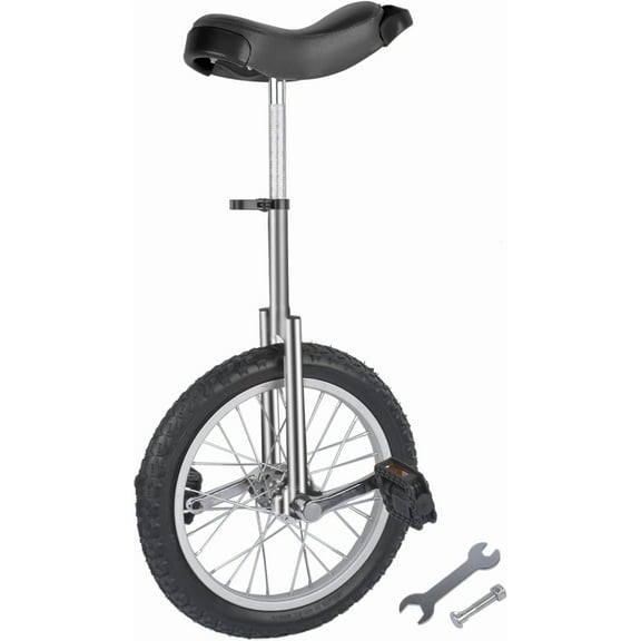 QRKD Outdoor Wheel Unicycle, 16” One Wheel Bike, Fitness Unicycle Bicycle Adjustable Seat Exercise Bike for Kids Adults Sports Entertainment Exercises Balance Fun（Silver）