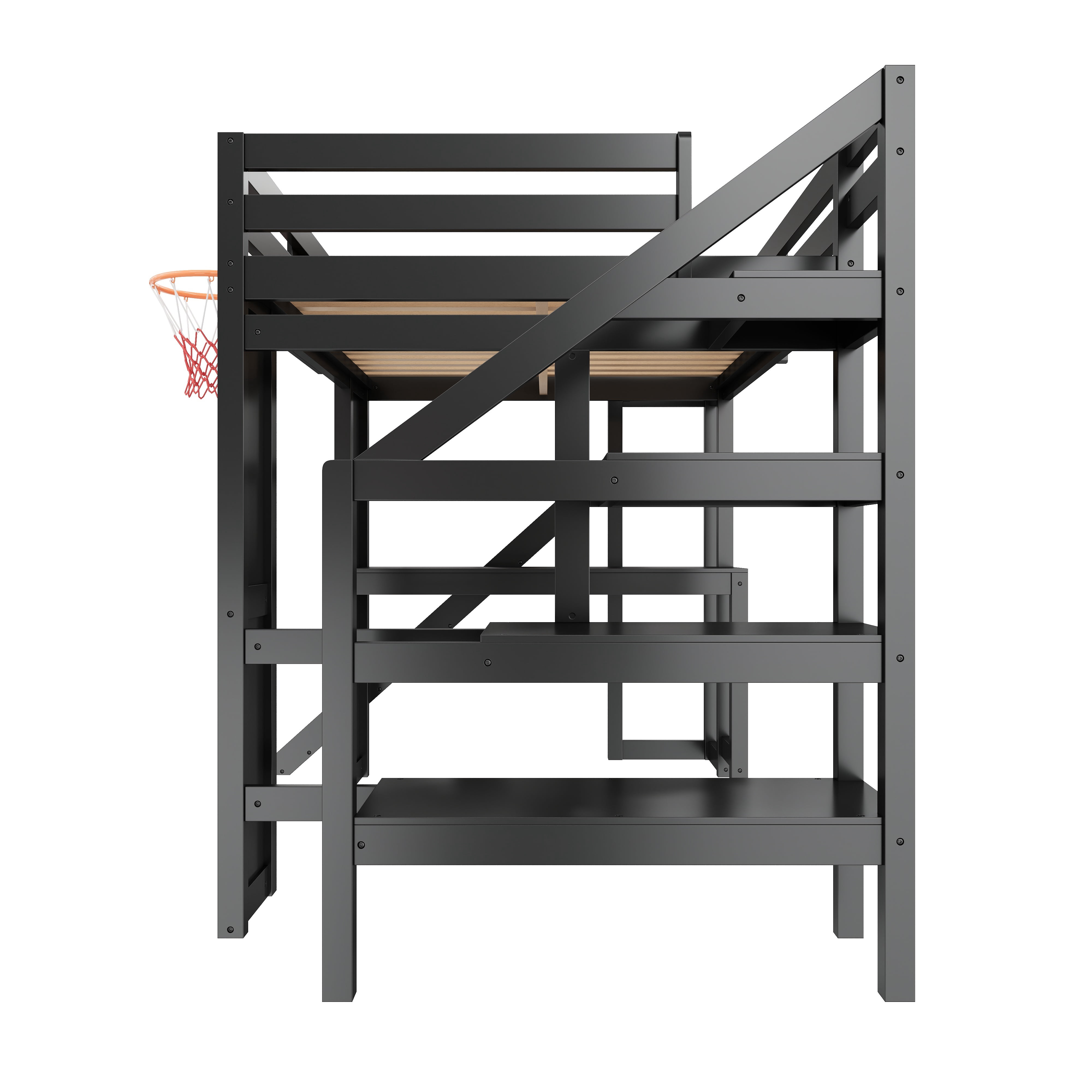 Euroco Wood Full Size Loft Bed with Desk and Shelves, Storage Bed with Basketball Hoop and Slide, Black