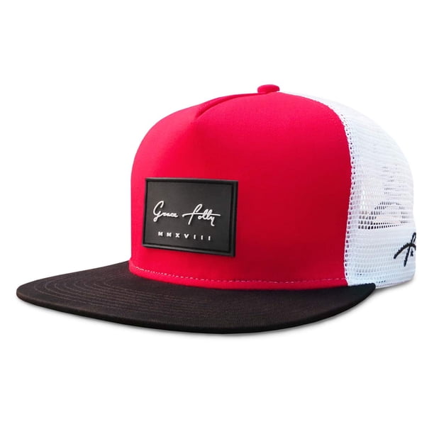 Gorra trucker Grace Folly roja y negra con cierre snapback y malla