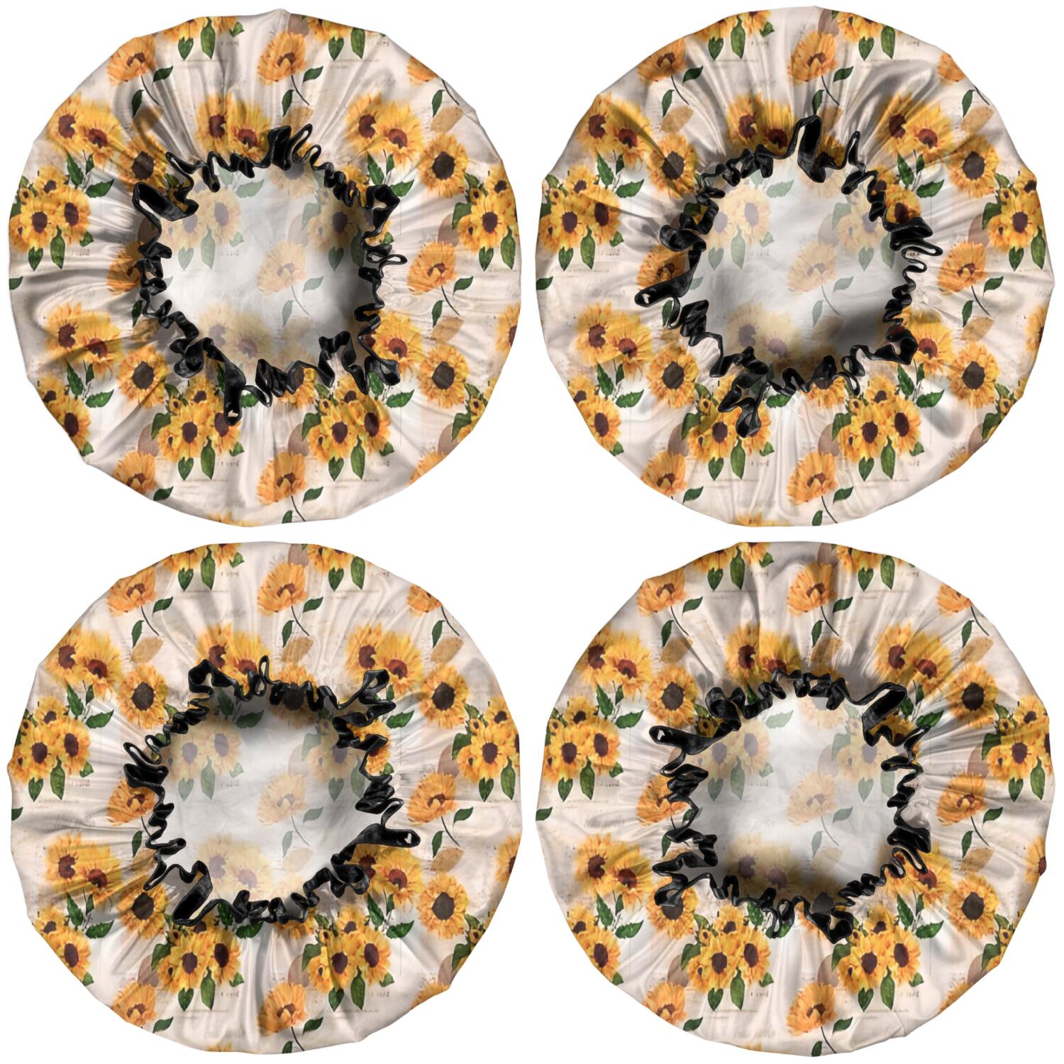 Shower Caps,Beige Sunflower Pattern Waterproof Shower Cap for Women 4 Pieces,Double Reusable Hair Cover for Shower PEVA Elastic Stretch Hem