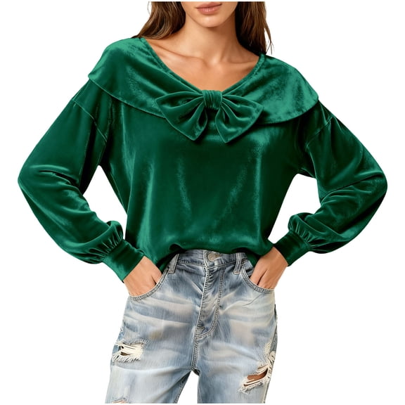 SwiftWear Women's Velvet Bow Blouse Long Sleeve Sweetheart Neck Holiday Party Tops Xmas Valentine's Day Outfit for Date Night & Parties Green